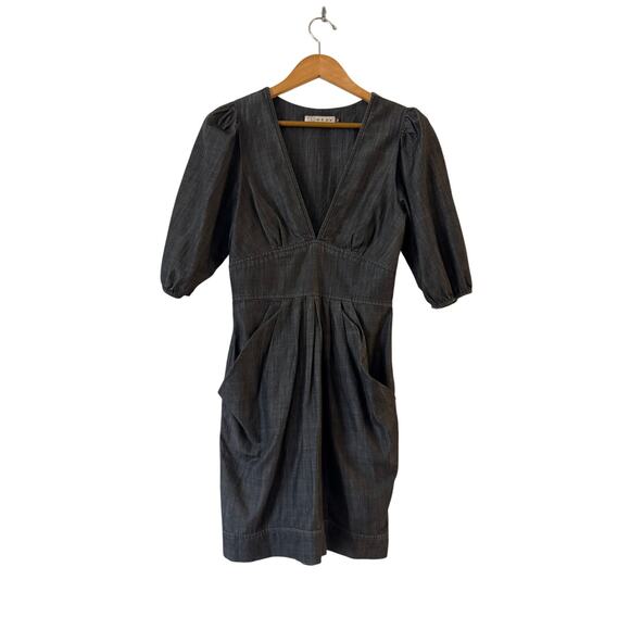 MYNK Hauteur Chambray Mini Dress Size S Dark Wash Plunge V-Neck Empire - Picture 1 of 9